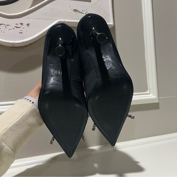 Zara Satin Elegant Black Heels with Silver Bow - Picture 7 of 7